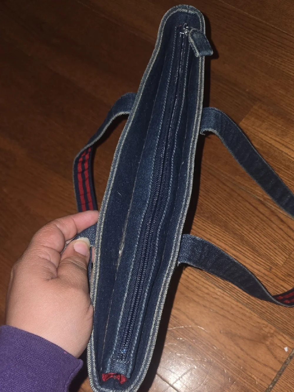 Denim Tote Bag with Red Stripe Handles - Picture 10 of 10
